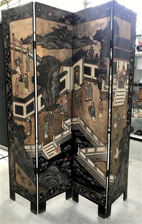 Paravento Coromandel in legno laccato a quattro pannelli decorato sul fronte co