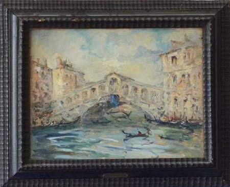 Luigi Mantovani "Ponte di Rialto, Venezia" olio su compensato (cm 29x39)Firmato