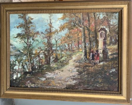 Ignoto "Viale alberato" olio su faesite (cm 70x100) In cornice