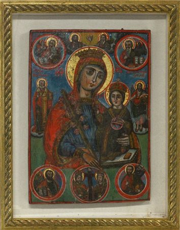 Antica icona greco-ortodossa su tavola raffigurante Madonna con Bambino e Santi