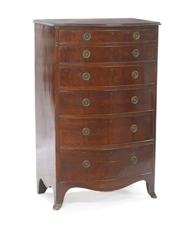 Mobiletto con fronte a sei cassetti lastronati in mogano, fascia e gambe mosse.