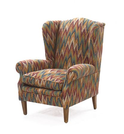 Bergère con piedi anteriori scanalati, rivestita con tessuto a fiamma (difetti)