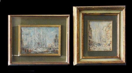 Luigi Mantovani Due dipinti ad olio su cartone raffiguranti "Duomo di Milano" (m