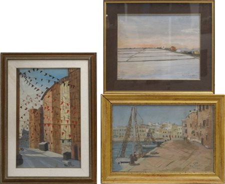 Mayda Mendikian Andretta Lotto di tre dipinti ad olio raffiguranti "Paesaggio in