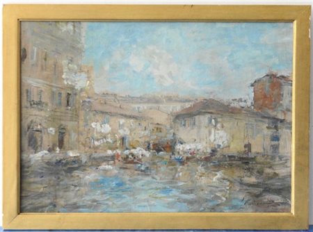 Luigi Mantovani "Vecchia Milano" 1945, olio su tela (cm 50x70) Firmato e datato