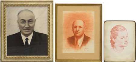 Lotto di tre disegni raffiguranti "Ritratti" autori e misure diverse. In cornic