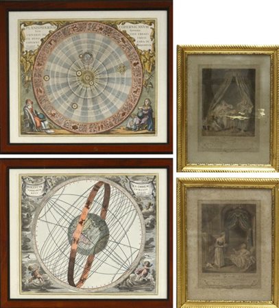 Lotto composto da una coppia di litografie francesi a colori ed una coppia di r