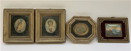 Lotto composto da tre miniature di diversi soggetti e un dipinto a tempera reca