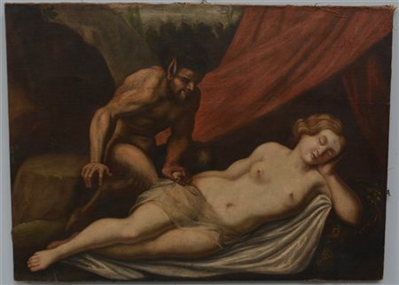 Ignoto "Fauno con ninfa addormentata" antico dipinto ad olio su tela (cm 93,5x1