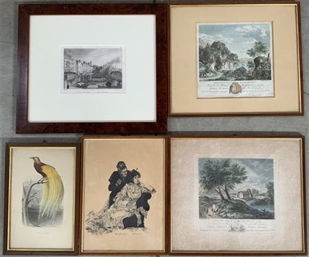 Lotto composto da tre antiche incisioni raffiguranti paesaggi, una con scena di