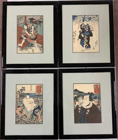 Gruppo di quattro stampe a colori raffiguranti attori del teatro Kabuki (cm 35