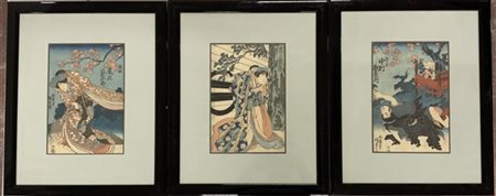 Gruppo di tre stampe a colori raffiguranti scene del teatro Kabuki (cm 35 x 24)
