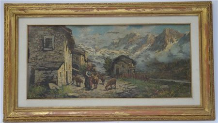 Leonardo Roda "Scorcio di montagna" olio su compensato (cm 34.5x74) Firmato in b