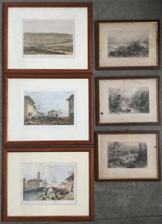 Lotto di sei litografie a colori raffiguranti paesaggi e scene di battaglia, mi