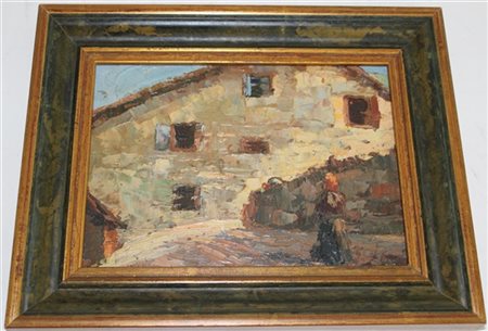 Ignoto "Baita di montagna" olio su tavola (cm 17x24) in cornice 
(difetti)
