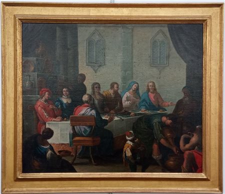 Ignoto "Nozze di Cana" olio su tela (cm 58x70) In cornice (difetti e restauri)
