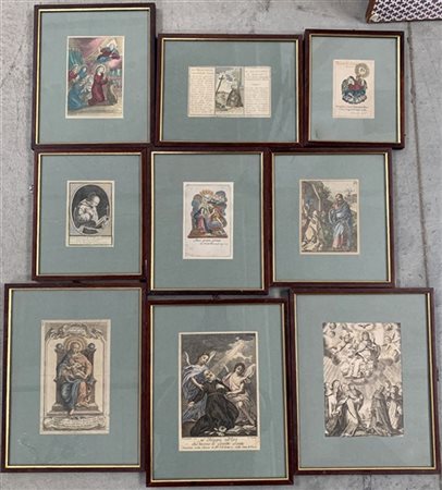 Lotto di nove antiche incisioni a soggetto sacro, misure ed epoche diverse, in