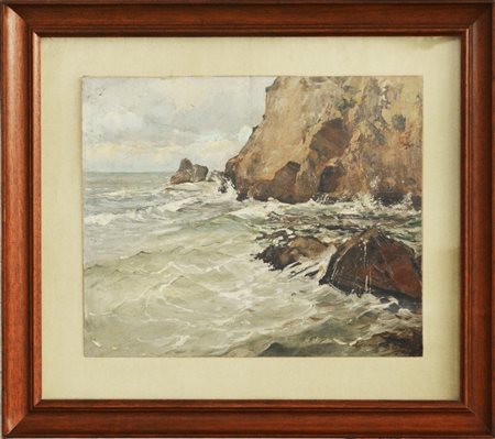 Carlo Perindani "Mare e rocce" olio su compensato (cm 43x52) Firmato in basso a