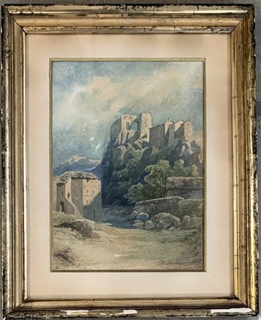 Giacinto Gigante "Paesaggio con rovine" acquerello su carta applicata a cartone