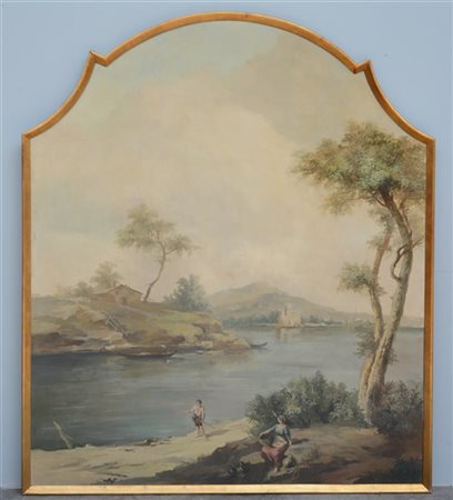 Melo "Paesaggio lacustre con figure di pescatore e di contadini" olio su pannell