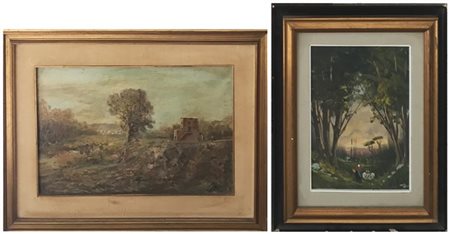 Lotto composto da due dipinti ad olio raffiguranti "Paesaggi" autori e misure d