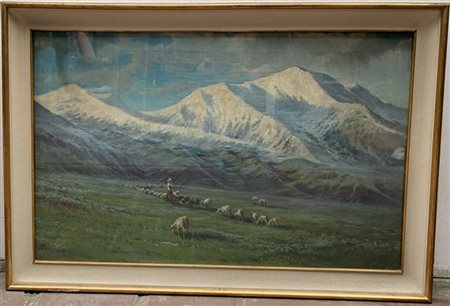 Firma indecifrata "Paesaggio montano con pastorella e gregge" olio su tela (cm