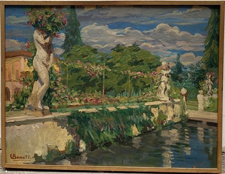 Bonatti "Veduta di giardino" olio su compensato (cm28x36.5) Firmato in basso a s