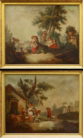 Scuola del secolo XIX "Scene campestri" coppia di dipinti ad olio su tela (cm 9