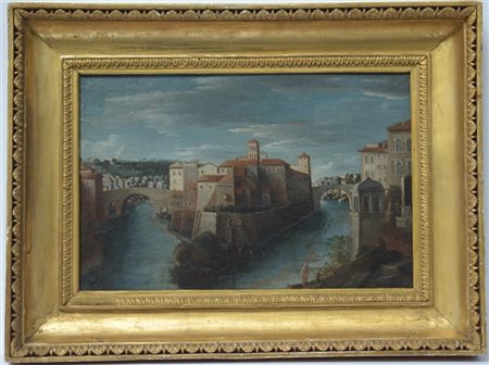Ignoto "Veduta dell'Isola Tiberina, Roma" olio su tela (cm 32x48,5). In cornice