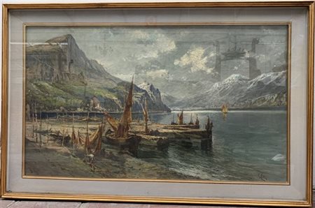 Firma indecifrata "Lago alpino" olio su tela (cm 60x100) firmato in basso a des