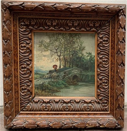 Ignoto "Paesaggio con pastorella e pecore su un ponte" olio su compensato (cm 2