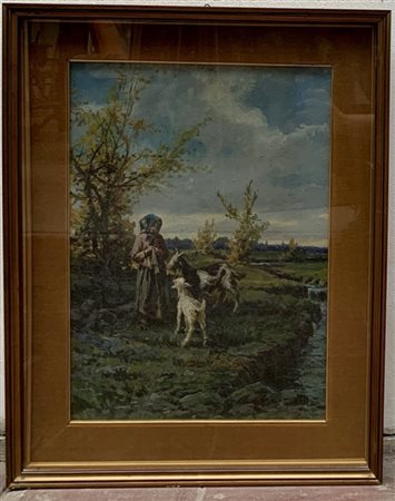 Firma indecifrata "Pastorella con capra e pecora" olio su tela (cm 48x35) firma