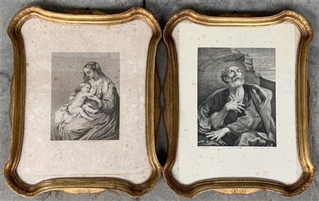Due incisioni raffiguranti San Pietro e Madonna con bambino. In cornici dorate
