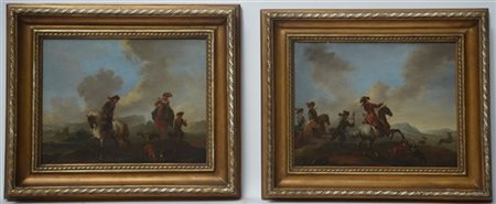 Seguace di Francesco Casanova, "Scene di caccia" coppia di dipinti antichi ad o