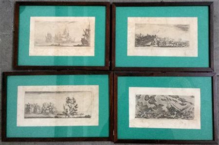 Stefano Della Bella, lotto di quattro incisioni, misure diverse, in cornici (di