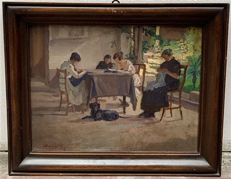 Bonatti "Le ricamatrici" olio su tavola (cm 28x36) Firmato in basso a sinistra.