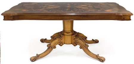 Tavolo con piano in radica, gamba centrale terminante a quattro piedi sagomati