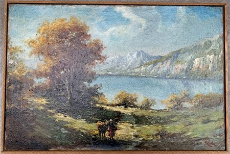 Firma indecifrata "Paesaggio con lago alpino e contadinella" olio su tela (cm 3