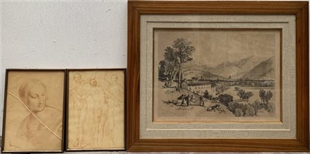 Lotto composto da un'incisione del secolo XIX raffigurante scorcio del lago di