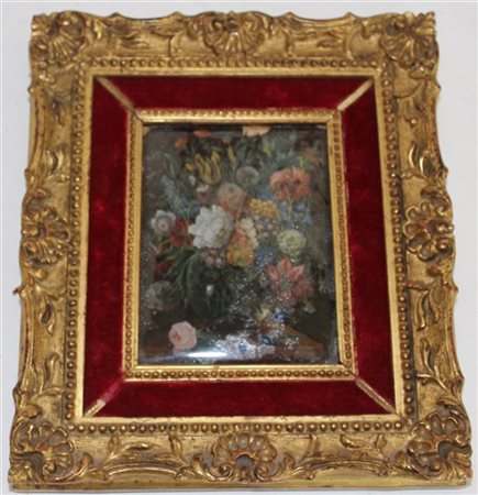 Firma indecifrata, piccolo dipinto ad olio su tela raffigurante un vaso da fior