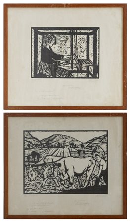 Alessandro Pandolfi "L'aratura - Al telaio" 
coppia di xilografie
cm 47x56
firma