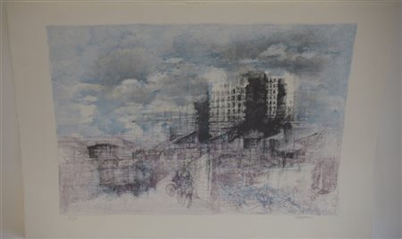 Renzo Vespignani "Pioggia in periferia" 
litografia a colori
cm 60x81
numerata A