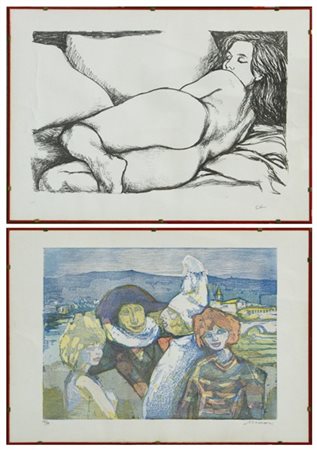 Lotto composto da de una xilografia a colori di Mino Maccari raffigurante figur