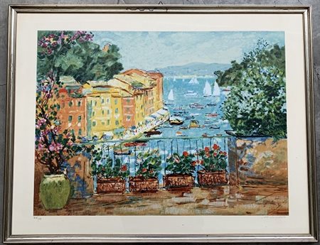 Michele Cascella Lotto di due litografie a colori raffiguranti paesaggi liguri,