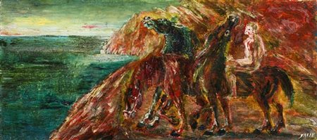 Aligi Sassu "Cavalieri sulle rocce" 1945
olio su compensato, cm 16,3x36,4
Firmat
