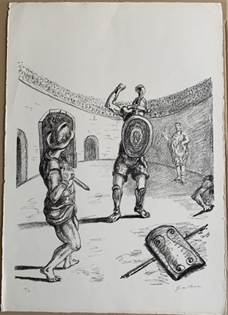 Giorgio de Chirico "Gladiatori nell'arena" 1969
litografia
cm 71,5x51
Firmata in