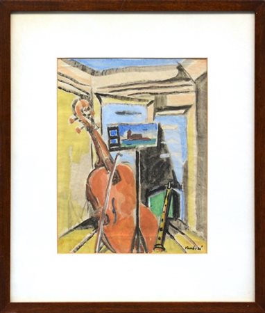 Orfeo Tamburi "Il contrabbasso" 
gouache su carta
cm 27x21
Firmato in basso a de