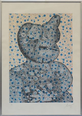 Enrico Baj "Il grande invalido" 1970
acquaforte a colori
(lastra cm 54x39; fogli