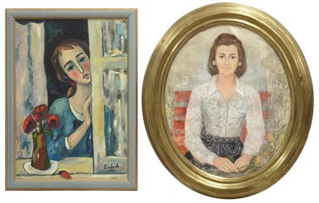 Lotto composto due dipinti ad olio su tela raffiguranti figure femminili, di au