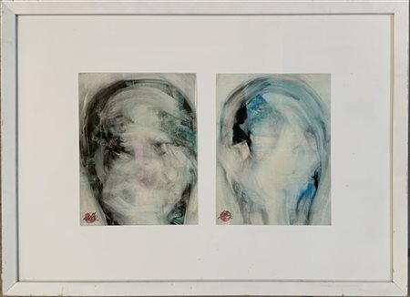 Firma indecifrata "Volti" 
due tecniche miste (cm 28x21 cad) in unica cornice
(l